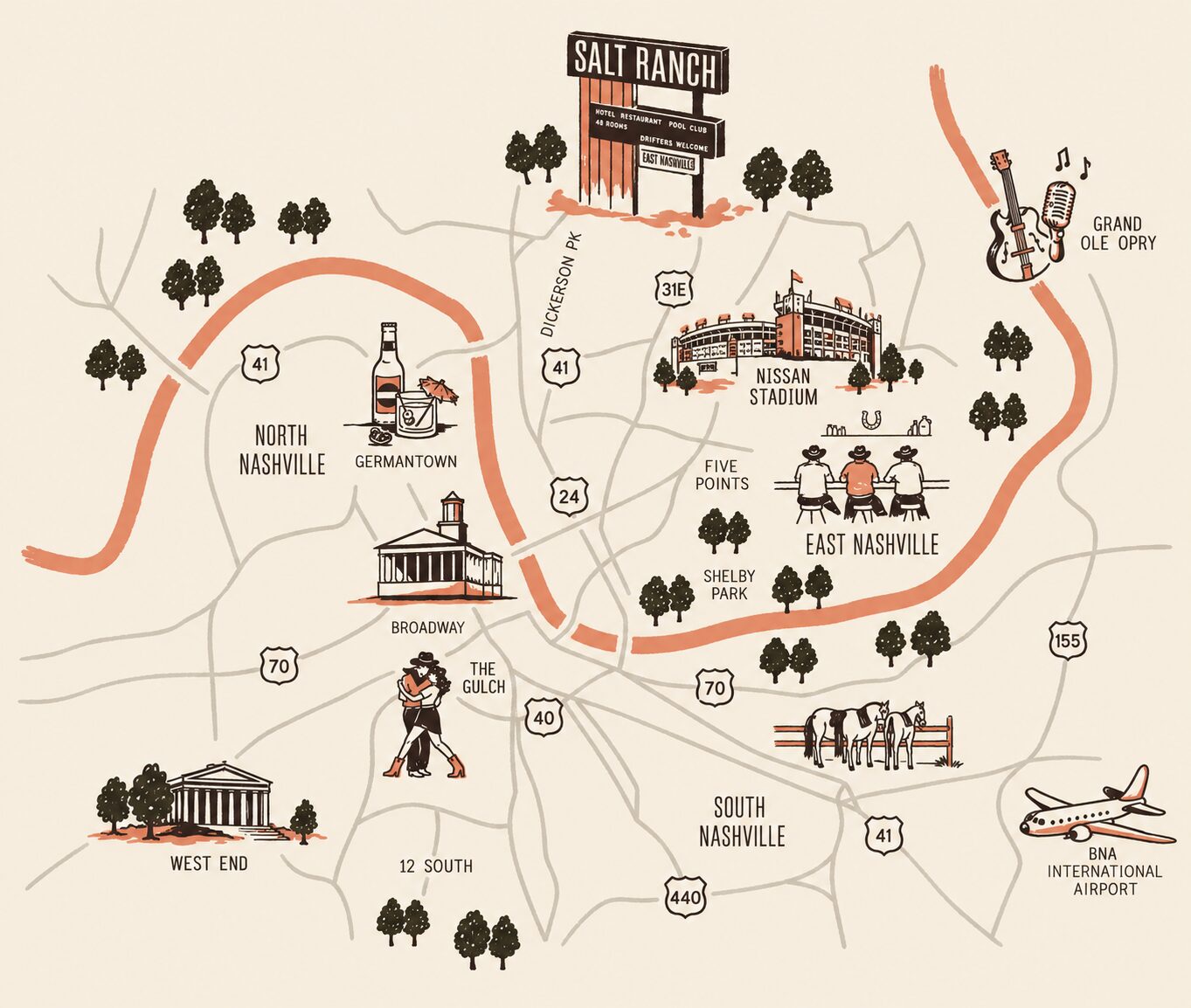 East Nashville Illustrated Map - Salt Ranch Hotel